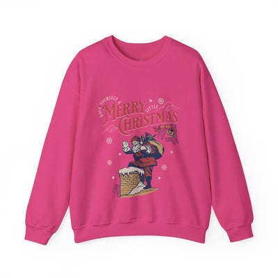Vintage Santa Crewneck sweatshirt featuring Santa with gift bag going into chimney in festive holiday design
