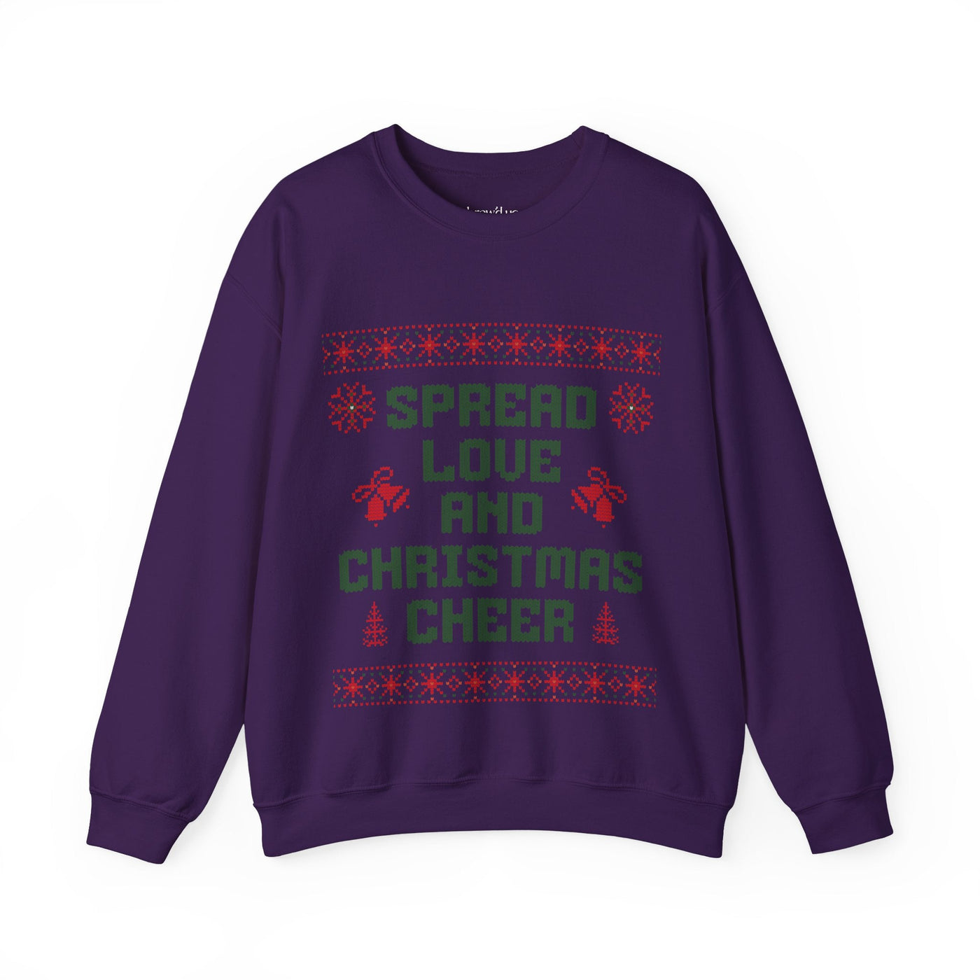 Purple holiday crewneck sweatshirt with "Spread Love and Christmas Cheer" text and festive red and green design