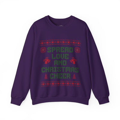 Purple holiday crewneck sweatshirt with "Spread Love and Christmas Cheer" text and festive red and green design