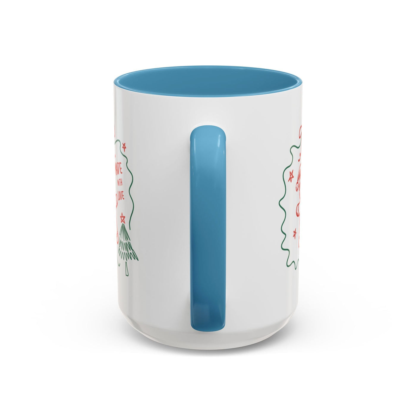Minimalist festive Christmas ceramic coffee mug with blue handle and interior, available in 11oz and 15oz sizes