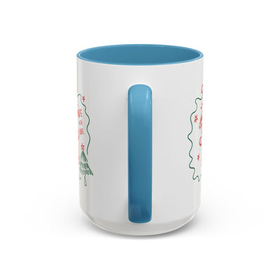 Minimalist festive Christmas ceramic coffee mug with blue handle and interior, available in 11oz and 15oz sizes