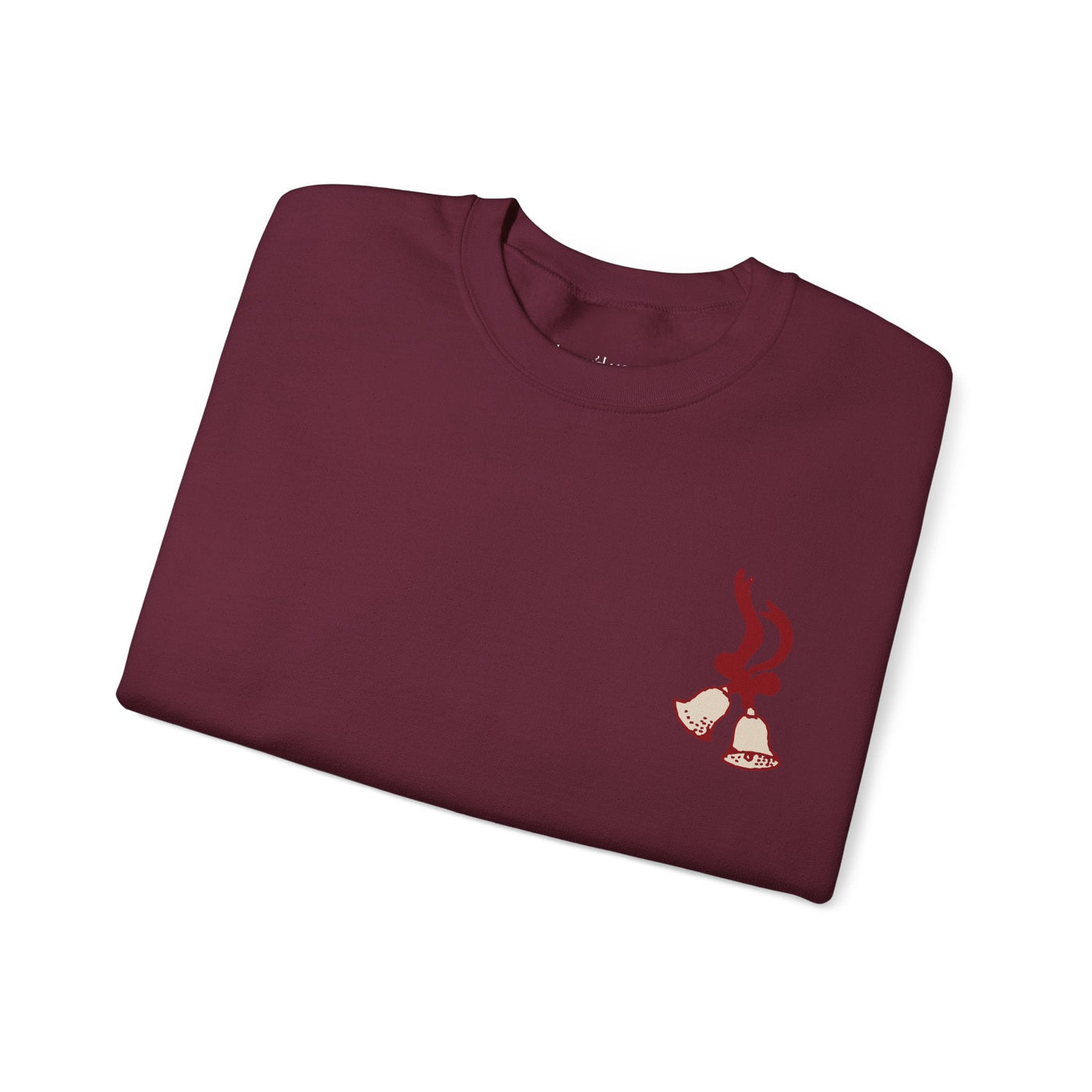 Vintage Merry Christmas crewneck sweatshirt in maroon with bell and Santa sleigh design by Brew’d Up Designs