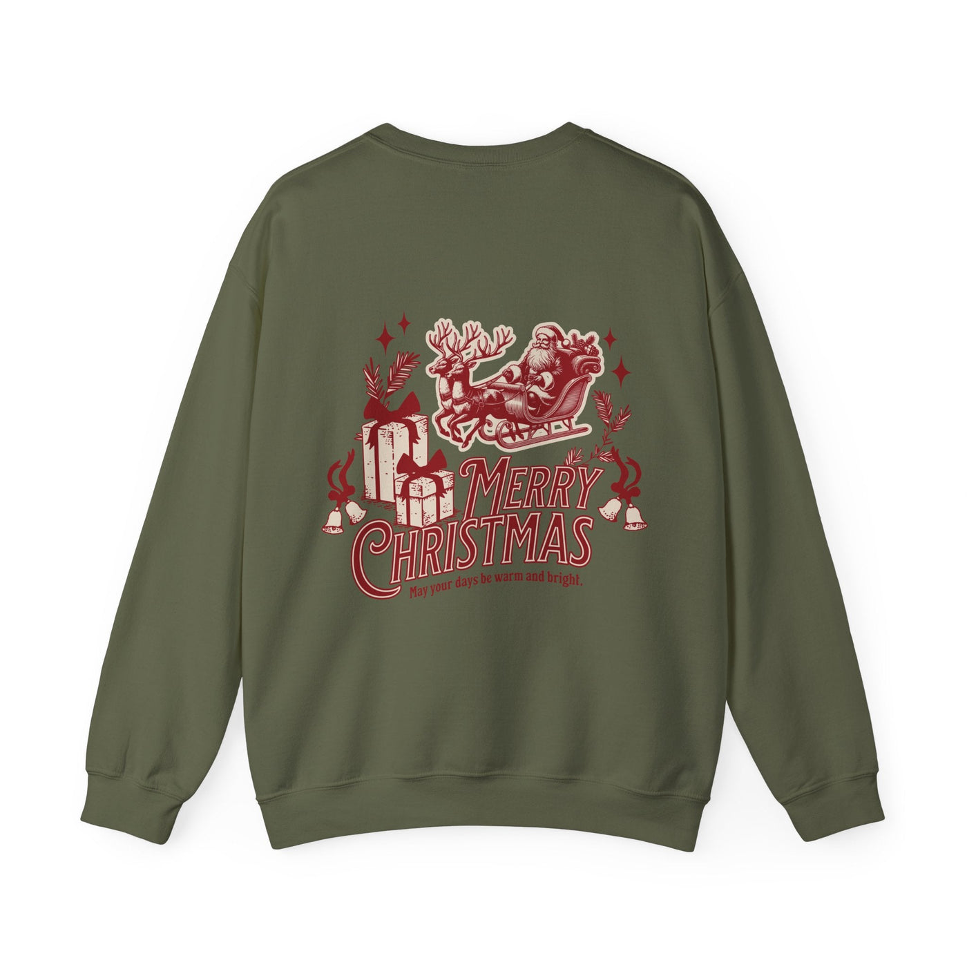 Vintage Merry Christmas crewneck sweatshirt with Santa sleigh and bell holiday design on olive green background