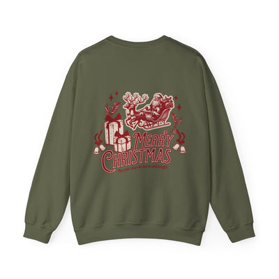 Vintage Merry Christmas crewneck sweatshirt with Santa sleigh and bell holiday design on olive green background