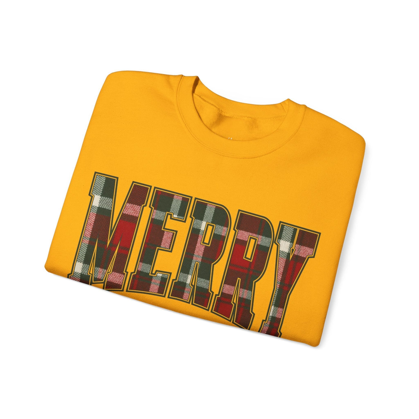 Folded yellow crewneck sweatshirt with "MERRY" Christmas plaid graphic text