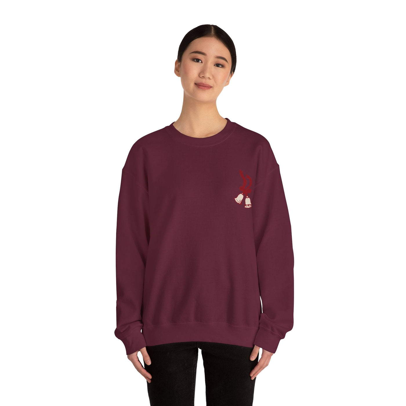 Vintage Merry Christmas crewneck sweatshirt in burgundy with bell and Santa sleigh design by Brew’d Up Designs