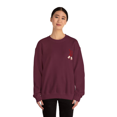 Vintage Merry Christmas crewneck sweatshirt in burgundy with bell and Santa sleigh design by Brew’d Up Designs