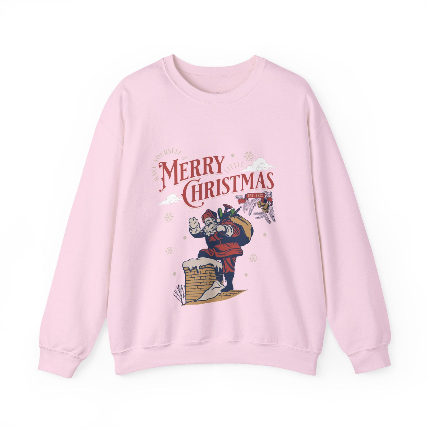 Pink vintage Santa crewneck sweatshirt with Santa carrying gift bag into chimney and "Merry Christmas" text design