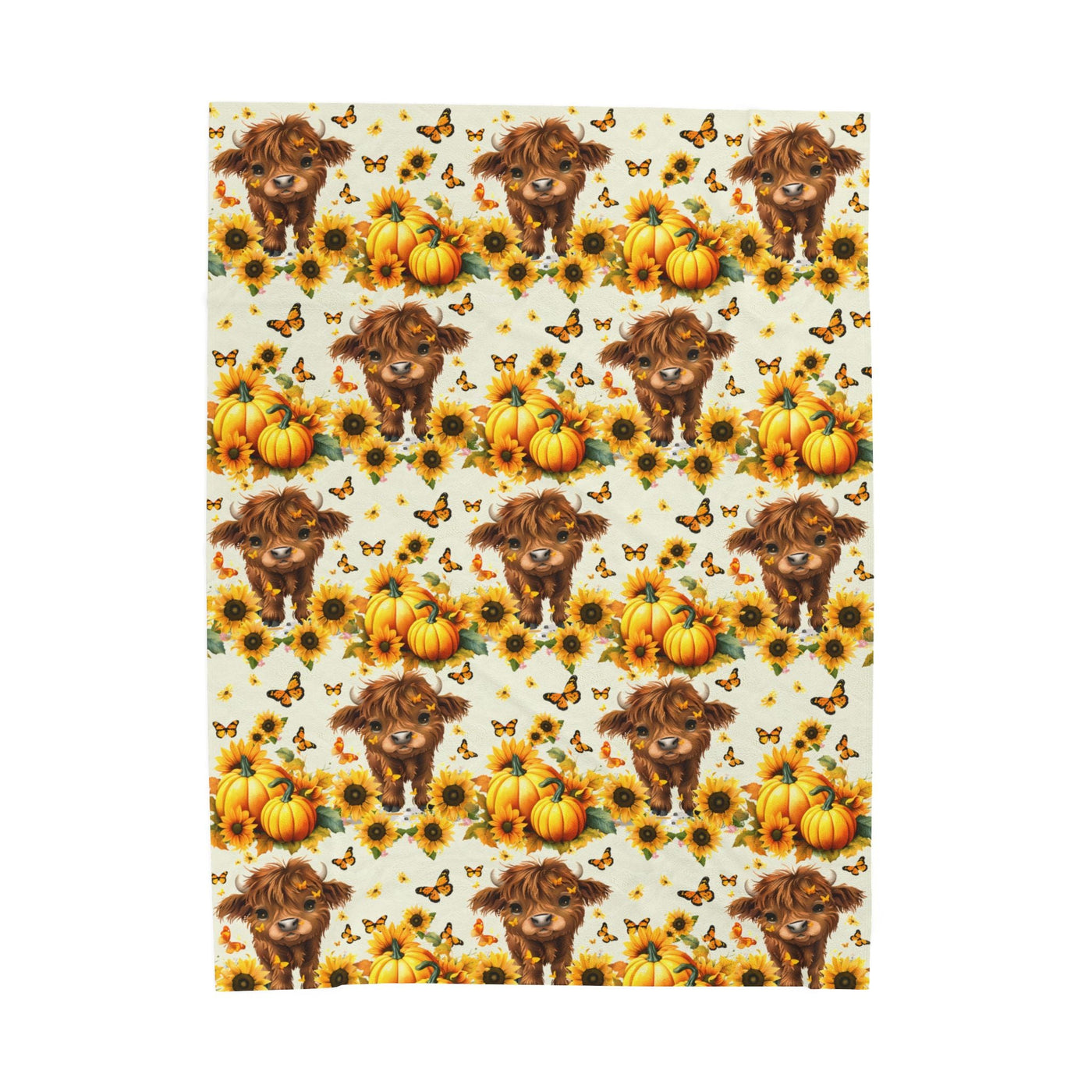 Highland Cow Velveteen Blanket with puppies, sunflowers, and pumpkins for cozy autumn farmhouse decor