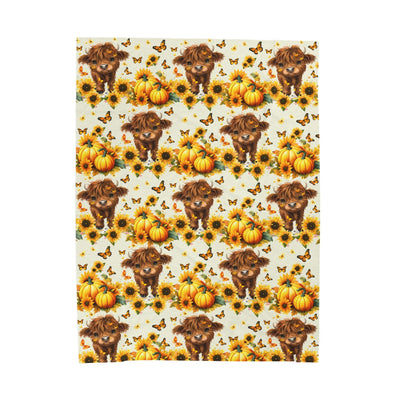 Highland Cow Velveteen Blanket with puppies, sunflowers, and pumpkins for cozy autumn farmhouse decor