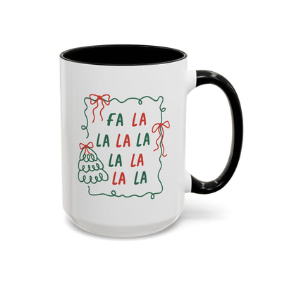 Fa La La Christmas coffee mug with minimalist holiday design in white ceramic with black handle and rim
