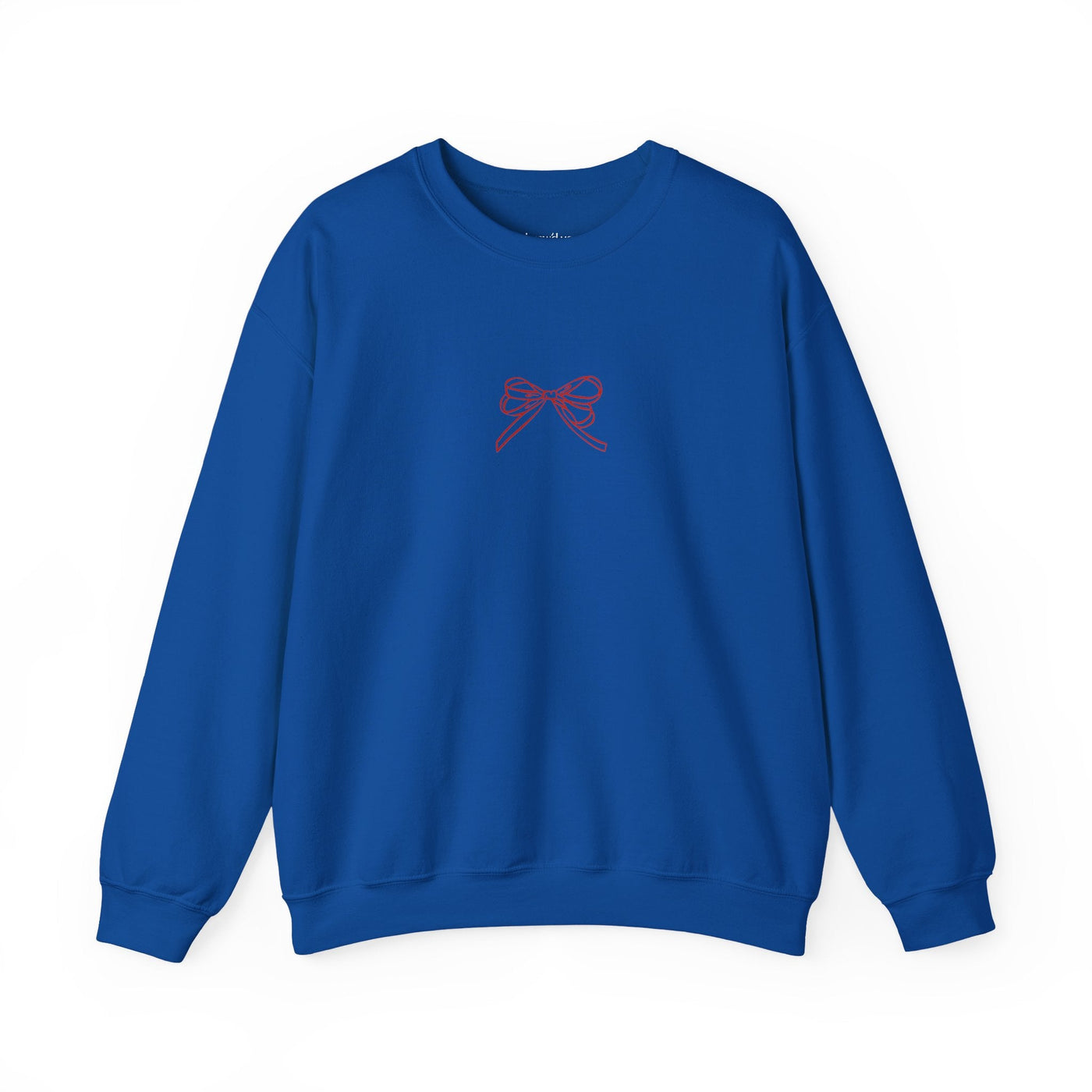 Blue Holiday Bow Crewneck Sweatshirt with red bow embroidery on front, festive and comfortable crewneck design.