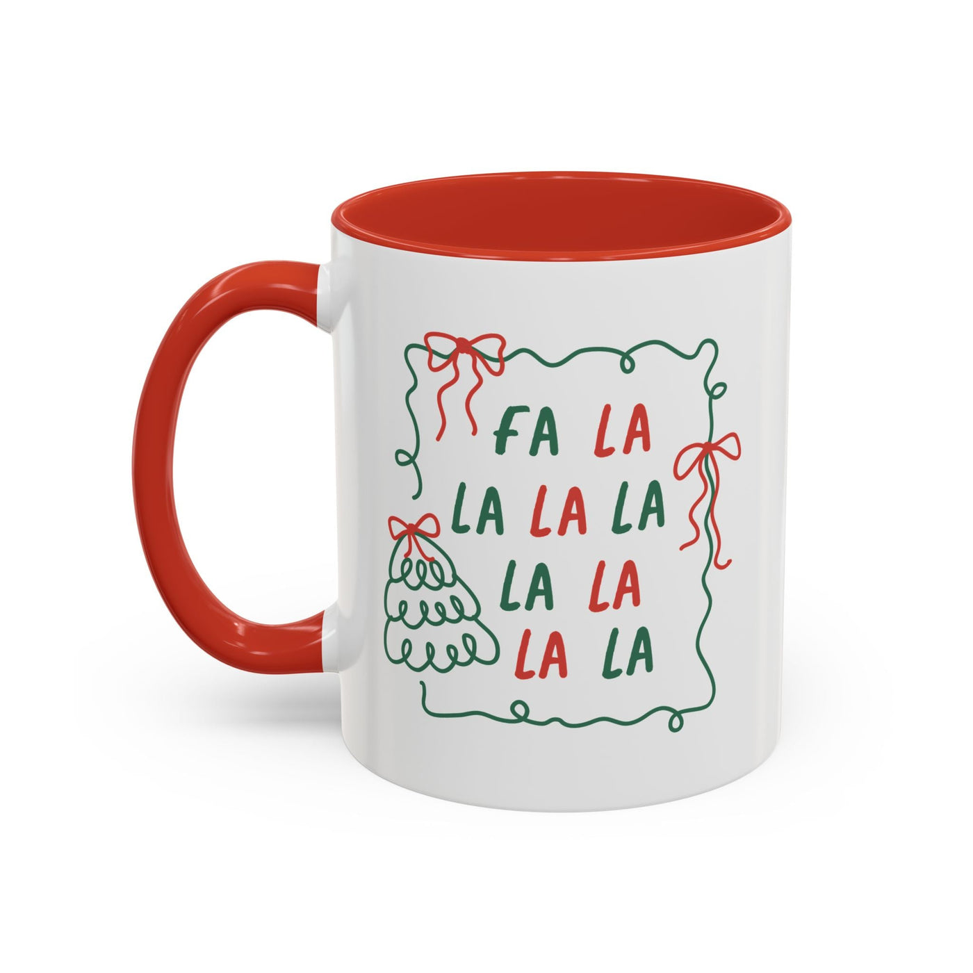 Fa La La Christmas coffee mug with red handle and rim, minimalist holiday design in red and green on white ceramic