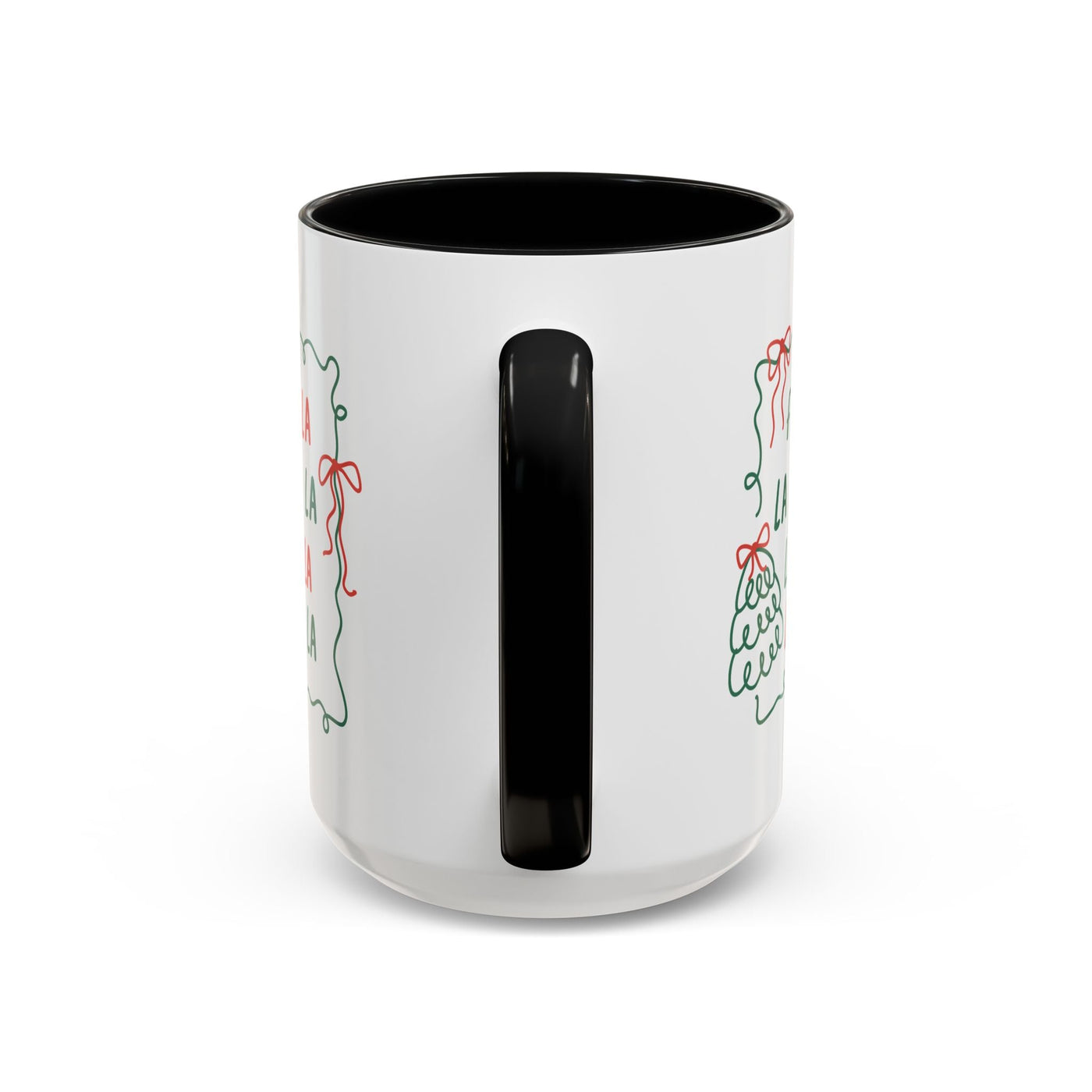 Fa La La Christmas Coffee Mug white ceramic with black handle and festive holiday minimalist design