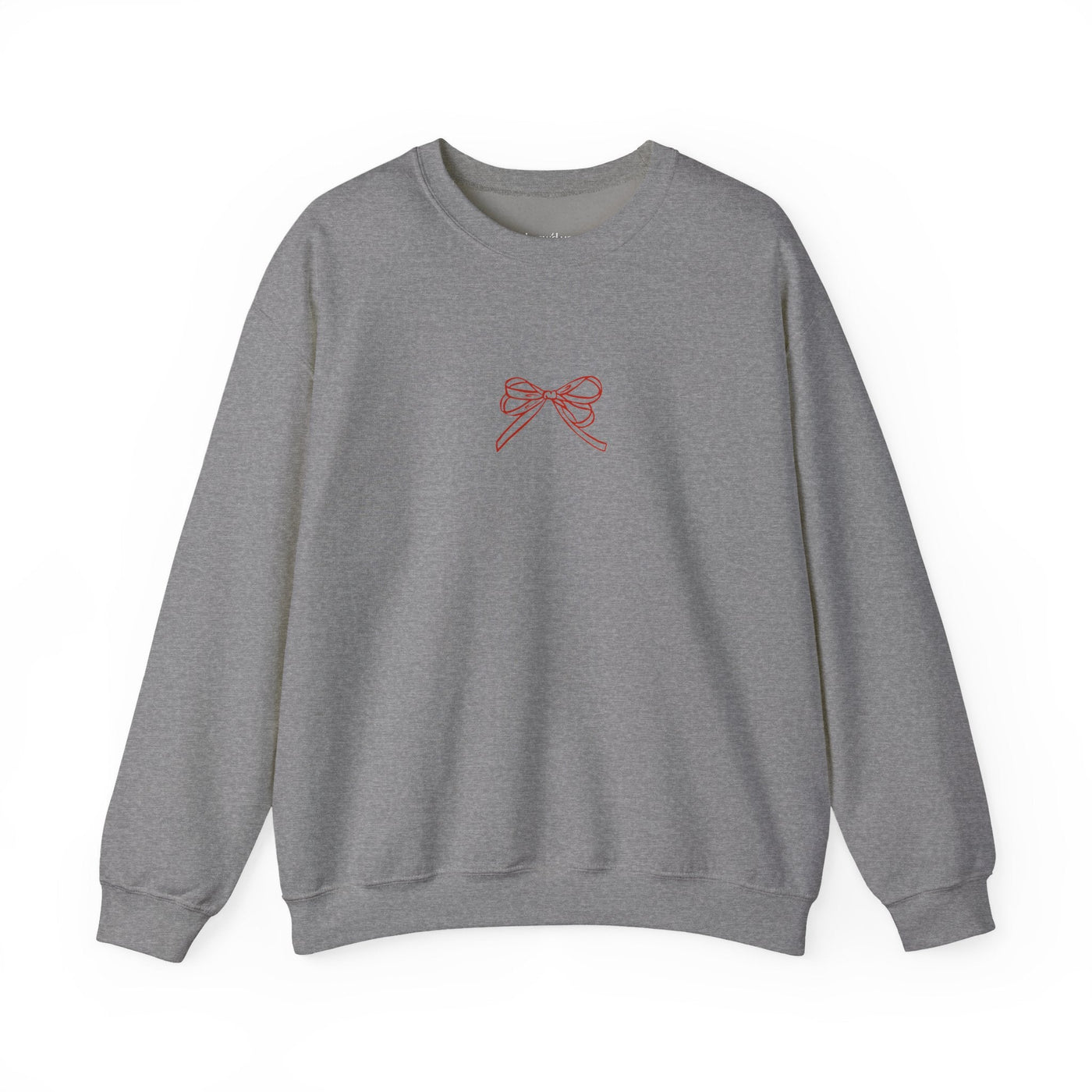 Grey Holiday Bow Crewneck Sweatshirt with red bow design on front, festive holiday style, classic fit, crew neckline