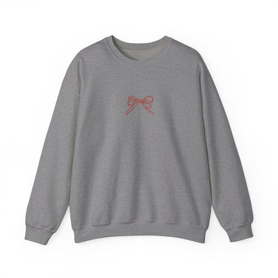 Grey Holiday Bow Crewneck Sweatshirt with red bow design on front, festive holiday style, classic fit, crew neckline