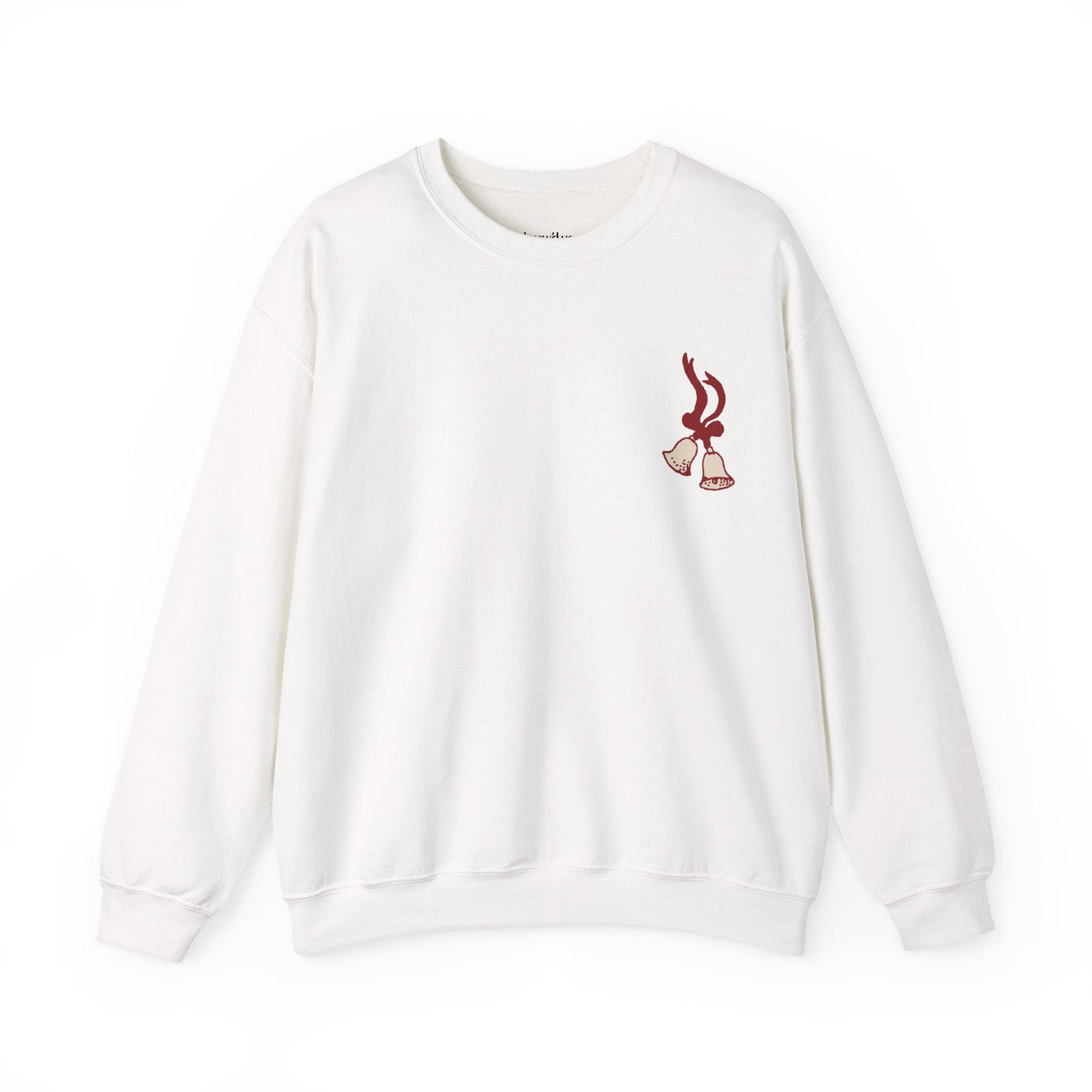 White vintage "Merry Christmas" crewneck sweatshirt with bell and Santa sleigh design by Brew'd Up Designs