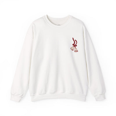 White vintage "Merry Christmas" crewneck sweatshirt with bell and Santa sleigh design by Brew'd Up Designs