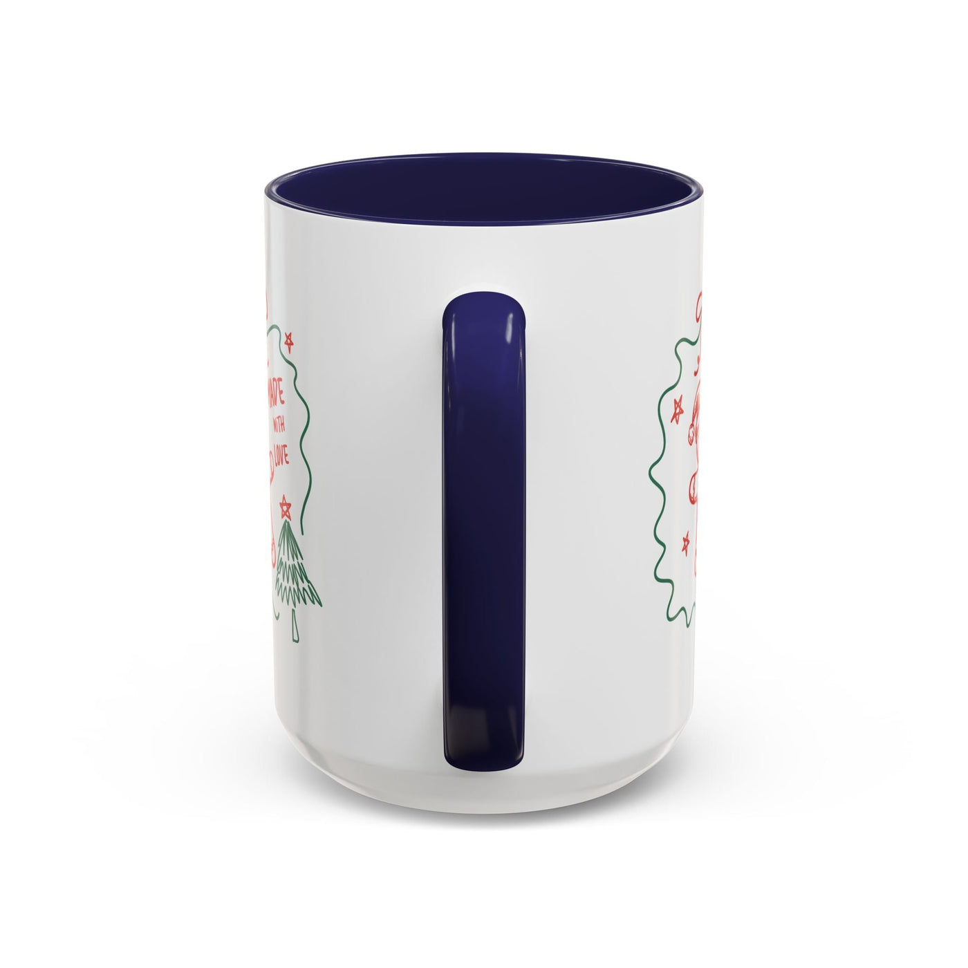 White ceramic festive Christmas coffee mug with blue handle and interior, available in 11oz and 15oz sizes