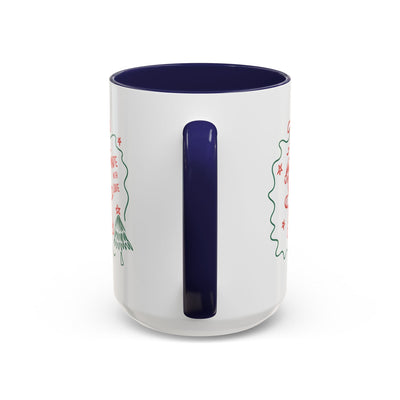 White ceramic festive Christmas coffee mug with blue handle and interior, available in 11oz and 15oz sizes