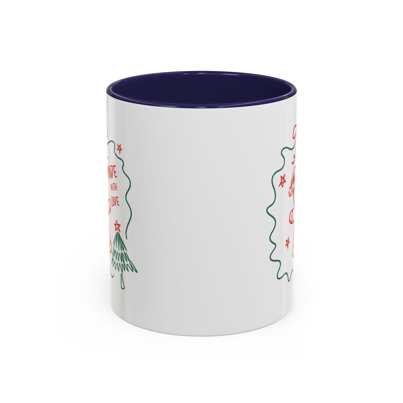 Minimalist festive Christmas coffee mug with white ceramic and dark interior, holiday design, available in 11oz and 15oz sizes