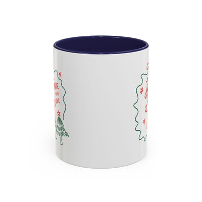 Minimalist festive Christmas coffee mug with white ceramic and dark interior, holiday design, available in 11oz and 15oz sizes