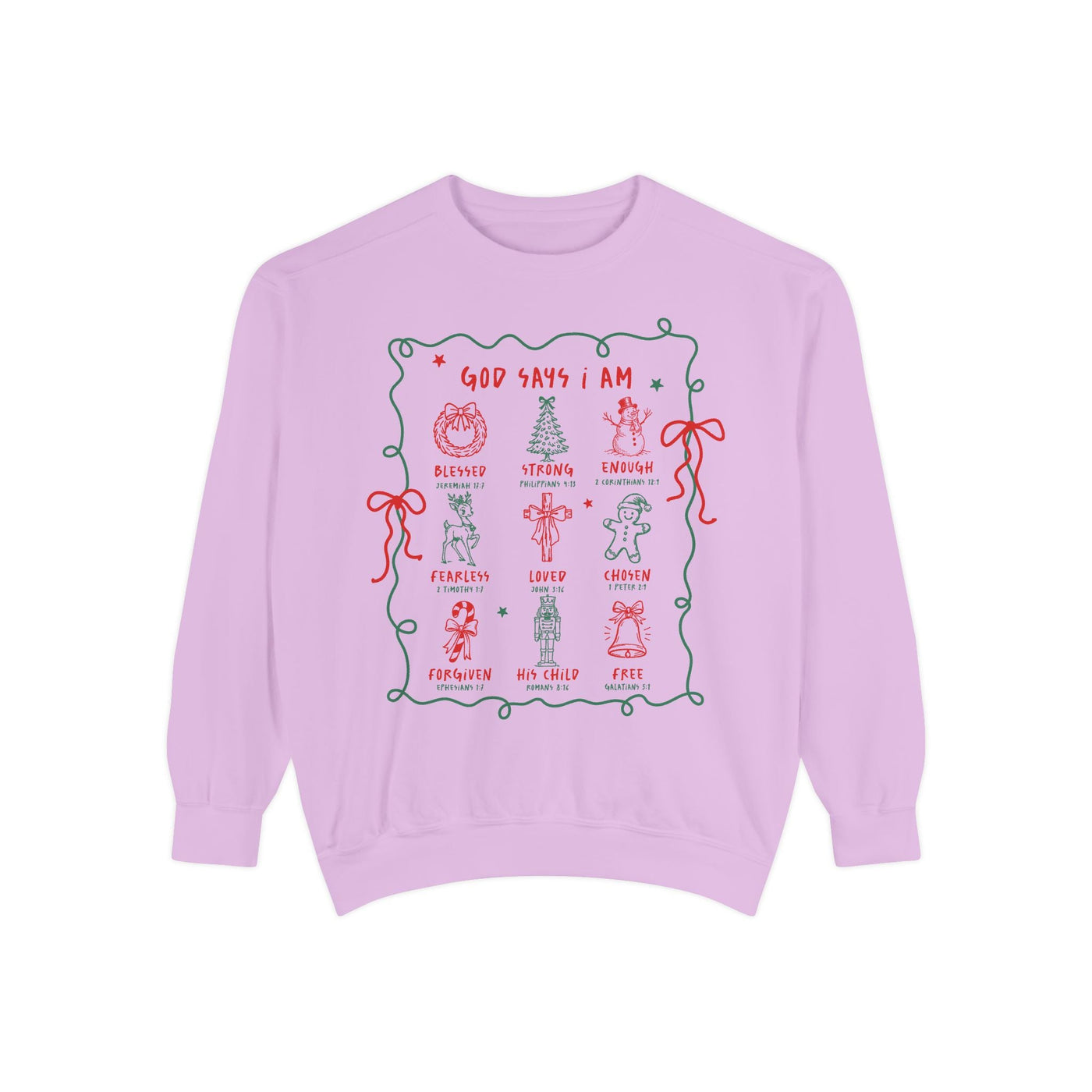 God Says I Am inspirational crewneck sweatshirt with Bible verse embroidery in festive design, unisex, cozy cotton blend