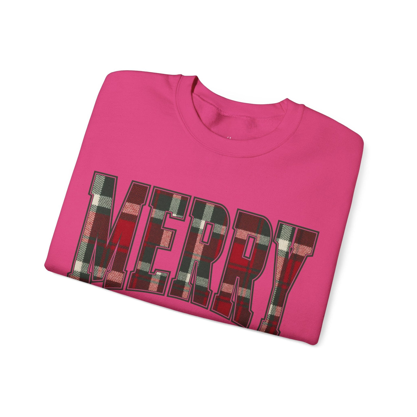 Folded red crewneck sweatshirt with plaid "MERRY" Christmas graphic design