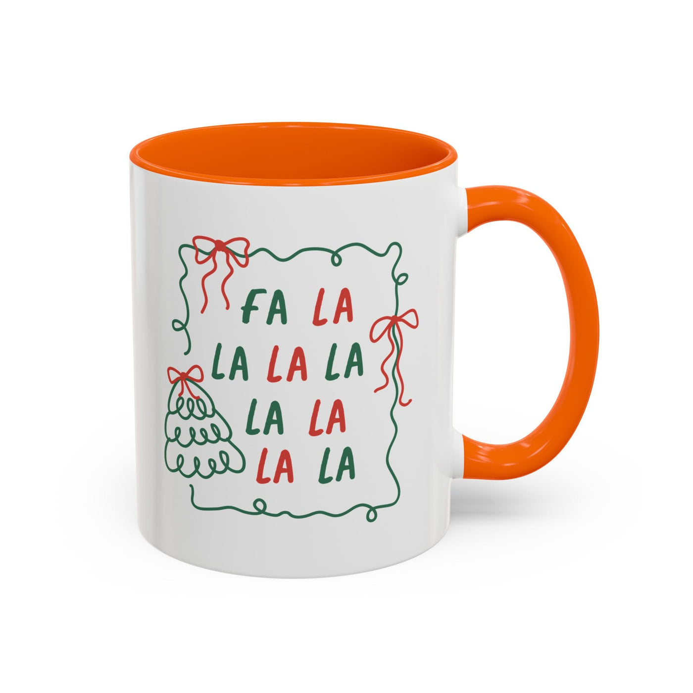 Fa La La Christmas Coffee Mug with orange handle and festive minimalist design on white ceramic