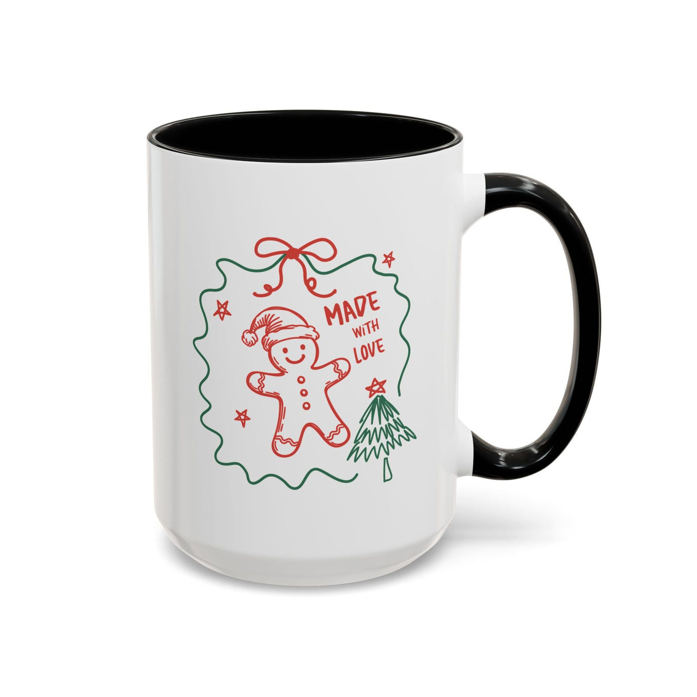 Minimalist festive Christmas coffee mug with gingerbread man and tree design, 11oz or 15oz ceramic cup with black handle and interior