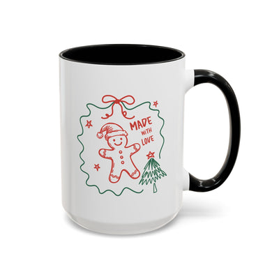 Minimalist festive Christmas coffee mug with gingerbread man and tree design, 11oz or 15oz ceramic cup with black handle and interior