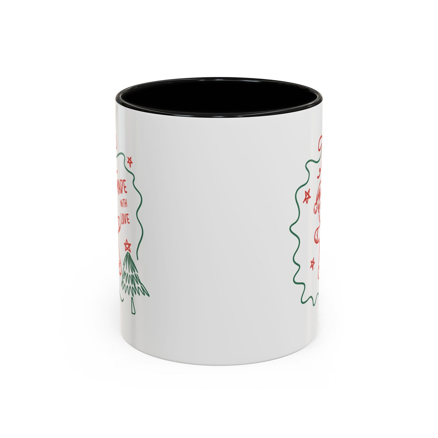 Minimalist festive Christmas coffee mug with black interior and holiday-themed design, available in 11oz and 15oz ceramic sizes