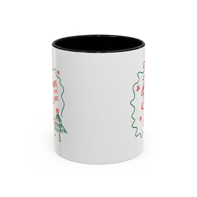 Minimalist festive Christmas coffee mug with black interior and holiday-themed design, available in 11oz and 15oz ceramic sizes