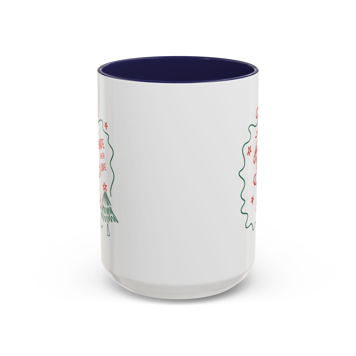 Minimalist festive Christmas coffee mug with navy blue interior, white ceramic, 11oz size, holiday design