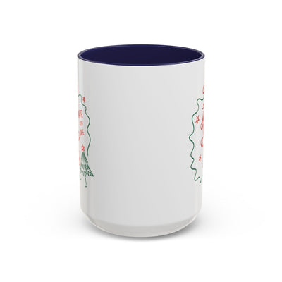 Minimalist festive Christmas coffee mug with navy blue interior, white ceramic, 11oz size, holiday design