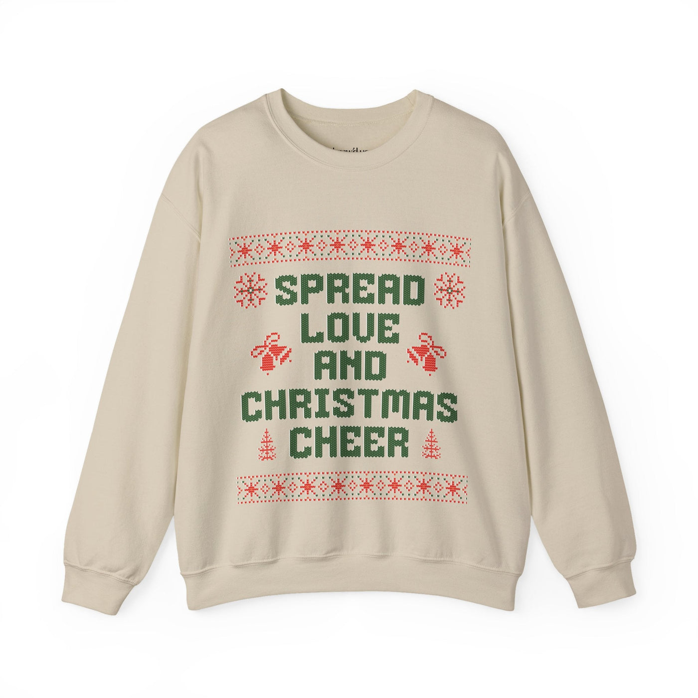 Cozy unisex crewneck sweatshirt with Spread Love and Christmas Cheer holiday design in green and red on beige background