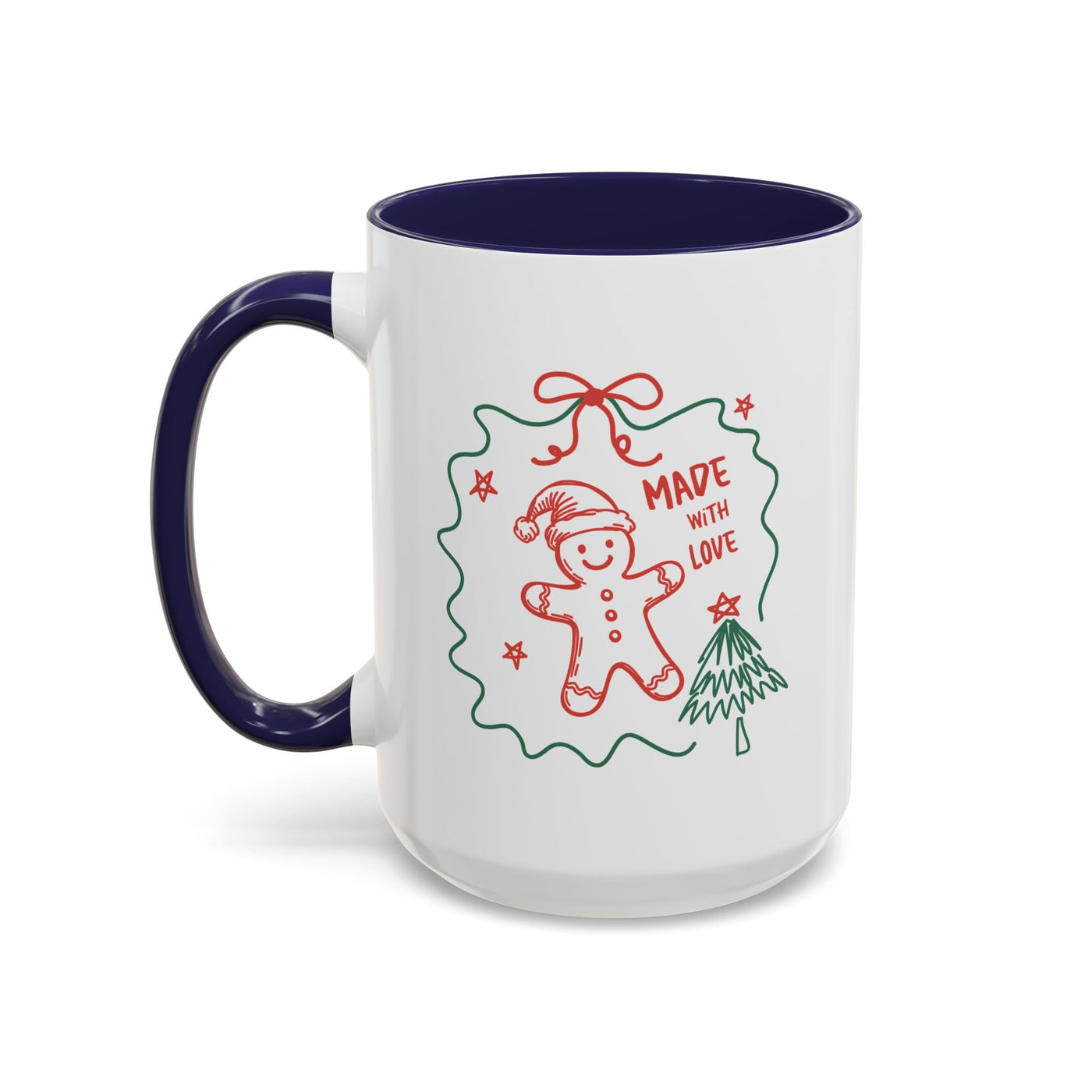 White ceramic festive Christmas coffee mug with gingerbread man and "Made with Love" text, navy blue handle and interior, available in 11oz and 15oz sizes