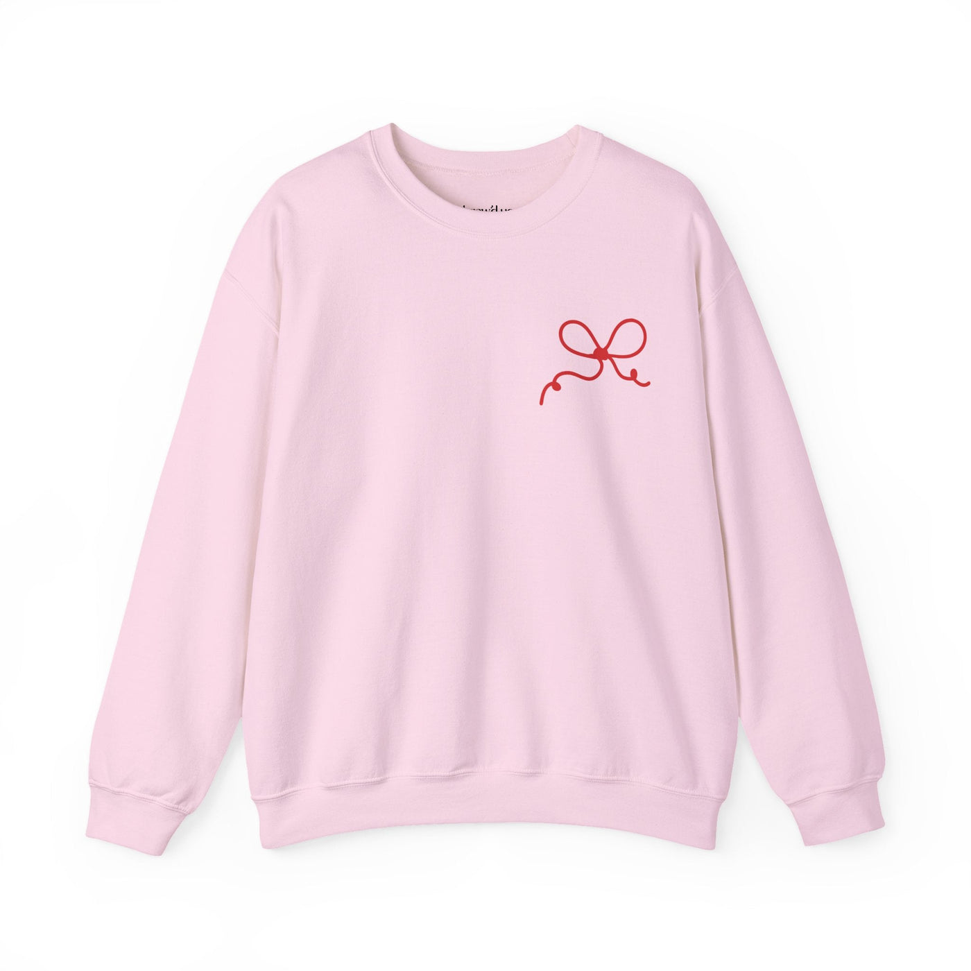 Light pink Coquette Bow Crewneck Sweatshirt with red bow design on front, festive faith-inspired style, cotton-poly blend