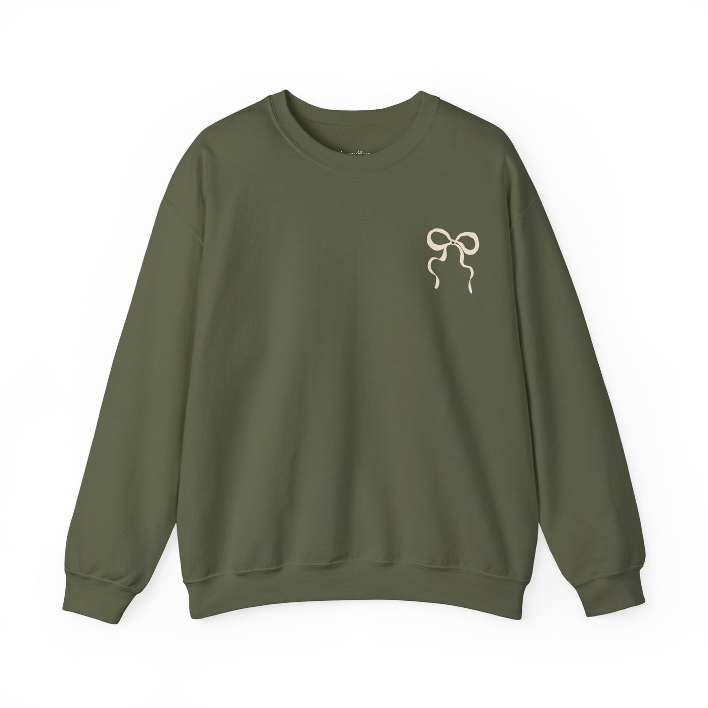 Unisex olive green Coquette Christmas Faith crewneck sweatshirt with bow design on chest, cozy cotton-poly blend, ribbed collar, festive holiday wear
