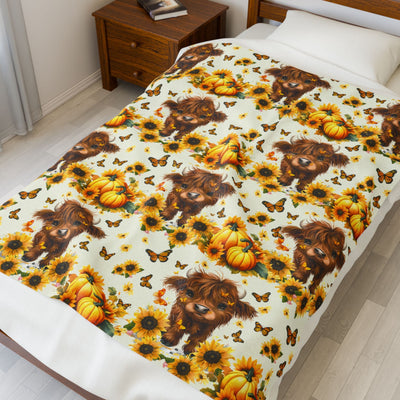 Highland Cow Velveteen Blanket with puppies, sunflowers, and pumpkins on cozy farmhouse bed decor