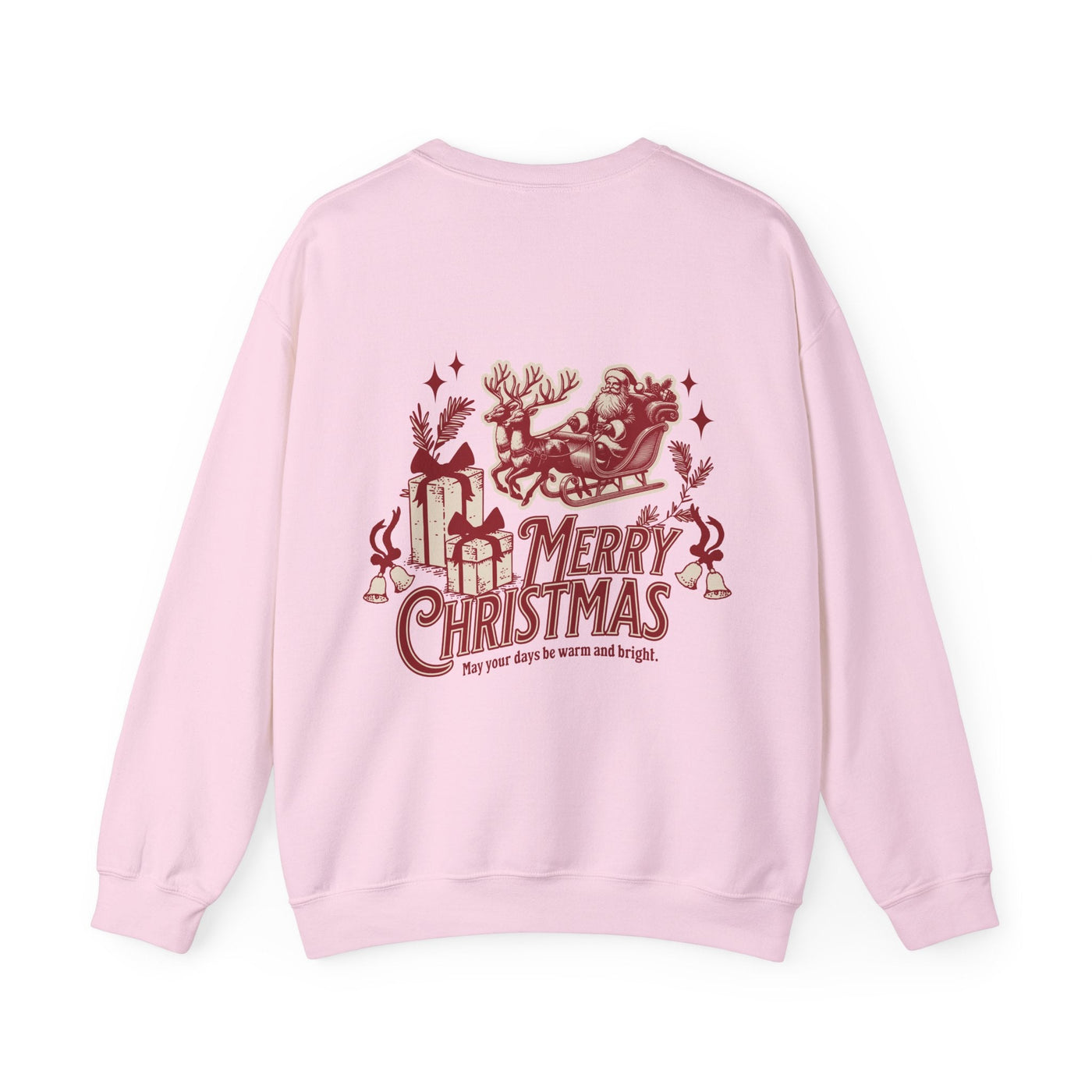 Pink vintage Merry Christmas crewneck sweatshirt with Santa sleigh and bell design