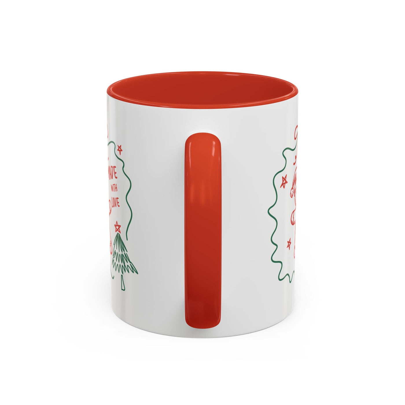 Minimalist festive Christmas coffee mug with red handle and interior, ceramic holiday cup, 11oz and 15oz sizes
