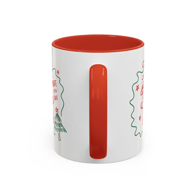 Minimalist festive Christmas coffee mug with red handle and interior, ceramic holiday cup, 11oz and 15oz sizes