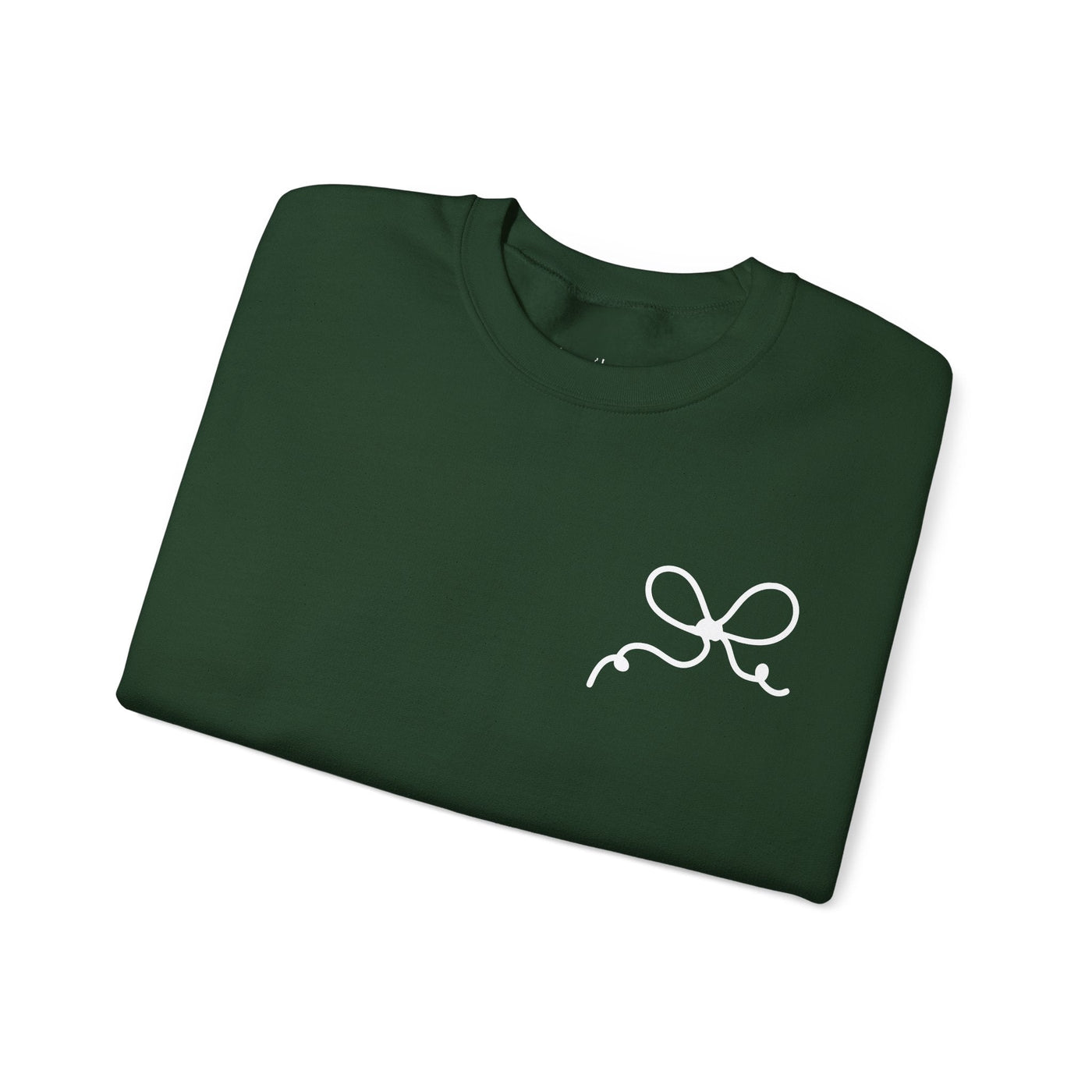 Dark green Coquette Bow Crewneck Sweatshirt with white bow design, comfortable cotton-poly blend, festive style.