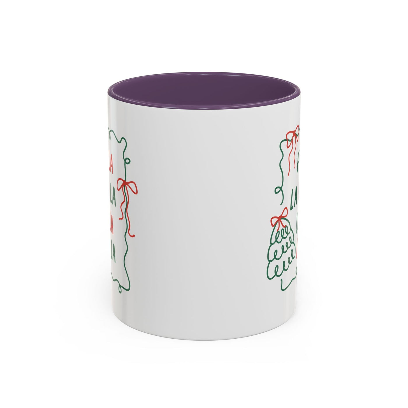 Fa La La Christmas Coffee Mug with minimalist holiday design, white ceramic, purple interior, dishwasher and microwave safe, available in 11oz and 15oz sizes
