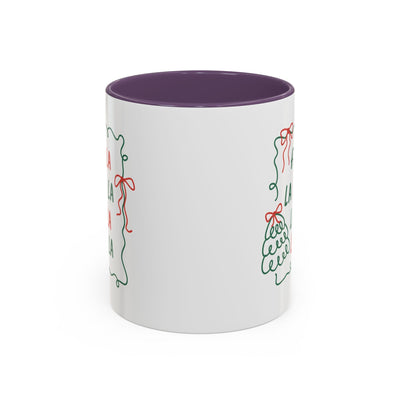 Fa La La Christmas Coffee Mug with minimalist holiday design, white ceramic, purple interior, dishwasher and microwave safe, available in 11oz and 15oz sizes