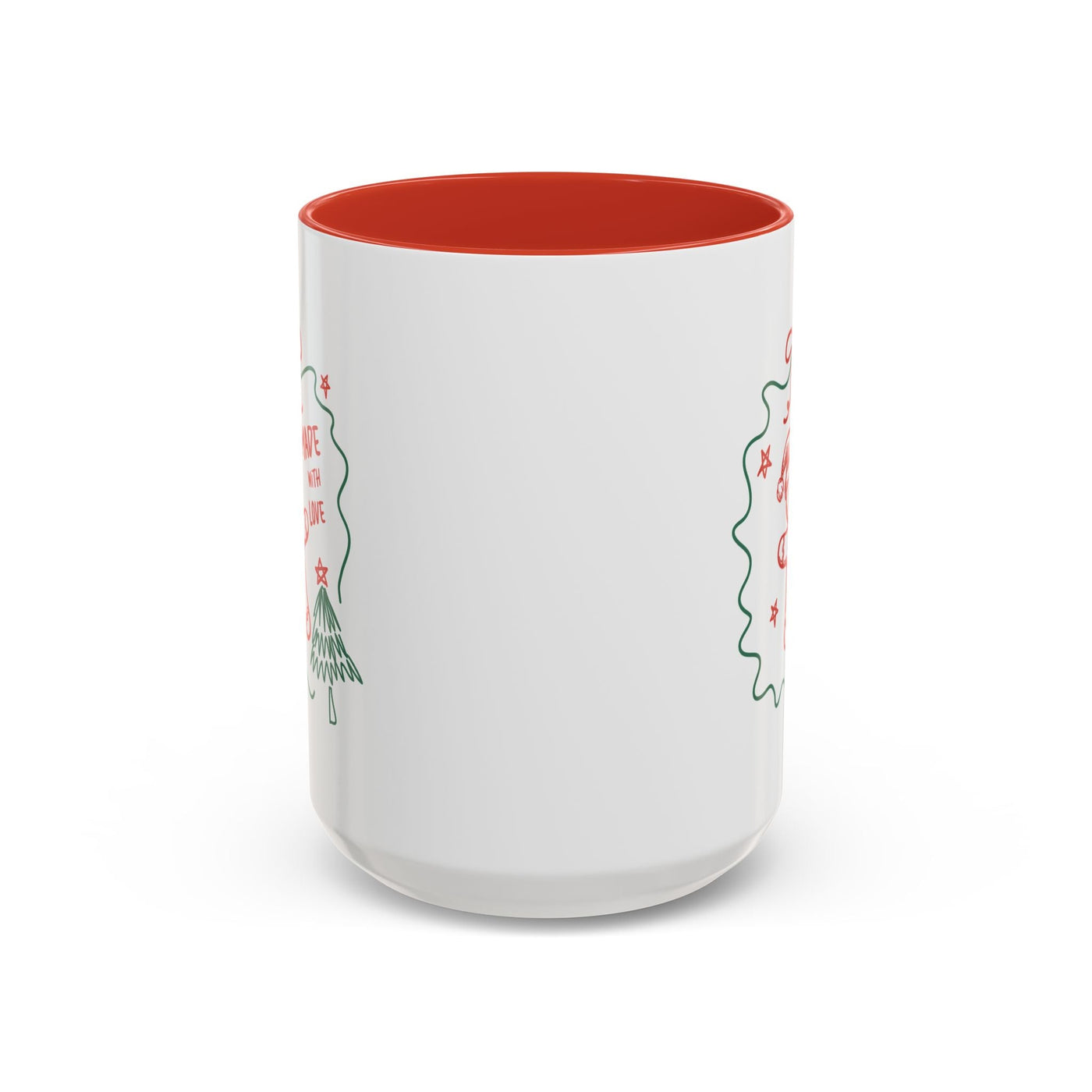 White ceramic festive Christmas coffee mug with red interior and holiday design, available in 11oz and 15oz sizes