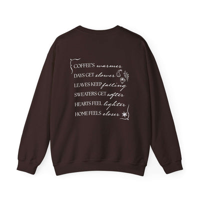 Brown Fall Things Sweatshirt with poetic autumn-themed text on back, cozy minimalist crewneck design for coffee lovers and homebodies