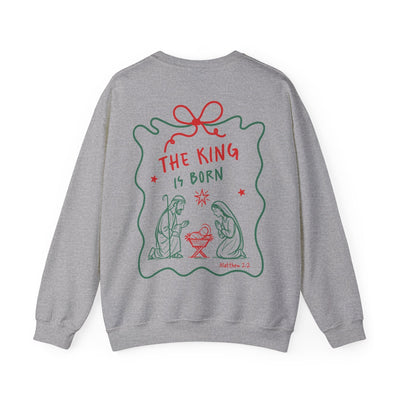 Gray coquette bow crewneck sweatshirt with "The King is Born" faith design and nativity scene on back