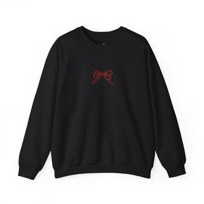 Black crewneck sweatshirt with red holiday bow embroidery on front, festive design, comfortable fit